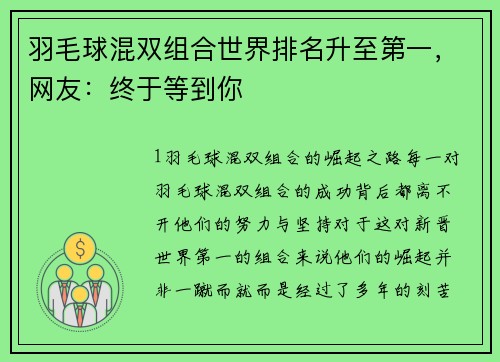 羽毛球混双组合世界排名升至第一，网友：终于等到你