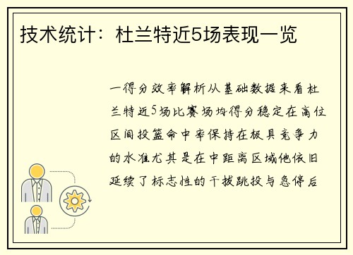技术统计：杜兰特近5场表现一览