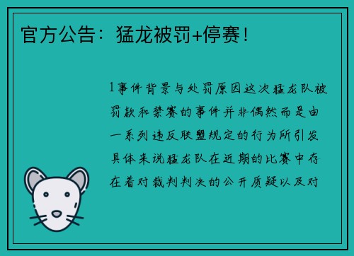 官方公告：猛龙被罚+停赛！
